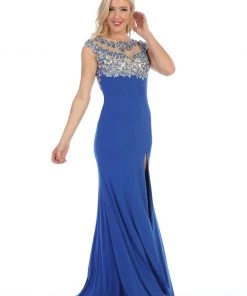 Prom Illusion Long Cap Sleeve Dress With Front Slit By Celavie 5003 10 Prom Illusion Long Cap Sleeve Dress With Front Slit By Celavie 5003