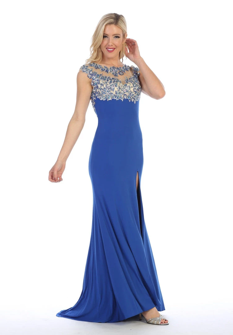 Prom Illusion Long Cap Sleeve Dress With Front Slit By Celavie 5003 5 Prom Illusion Long Cap Sleeve Dress With Front Slit By Celavie 5003