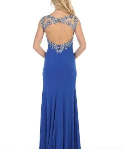 Prom Illusion Long Cap Sleeve Dress With Front Slit By Celavie 5003