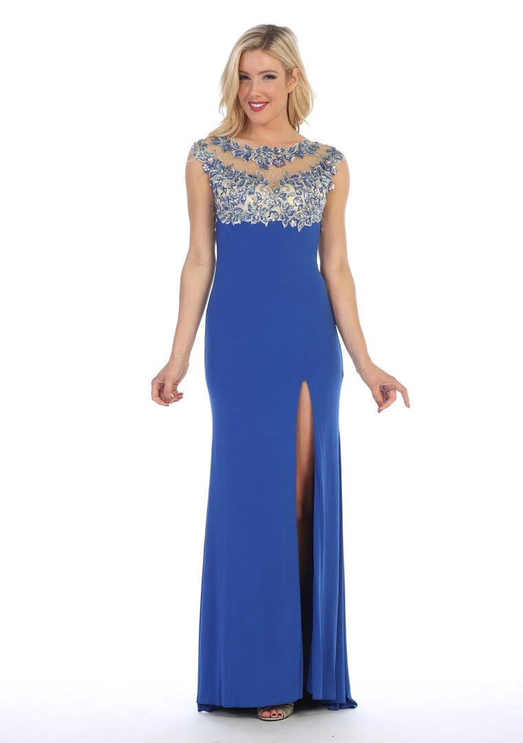 Prom Illusion Long Cap Sleeve Dress With Front Slit By Celavie 5003 3 Prom Illusion Long Cap Sleeve Dress With Front Slit By Celavie 5003