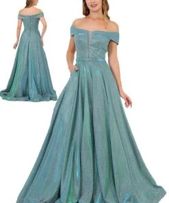 Prom Iridescent Glitter Long Off The Shoulder Dress By Poly USA 8464
