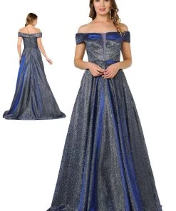 Prom Iridescent Glitter Long Off The Shoulder Dress By Poly USA 8464