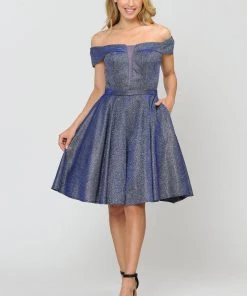 Prom Iridescent Glitter Short Off The Shoulder Dress By Poly USA 8224