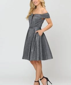 Prom Iridescent Glitter Short Off The Shoulder Dress By Poly USA 8224