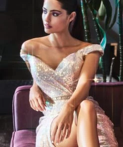 Prom Iridescent Sequin Off Shoulder Gown By Cinderella Divine CD158