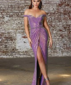 Prom Iridescent Sequin Off Shoulder Gown By Cinderella Divine CD158