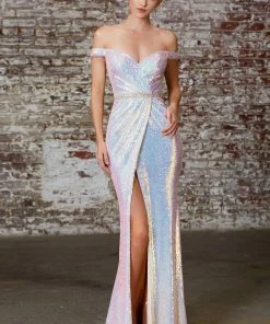Prom Iridescent Sequin Off Shoulder Gown By Cinderella Divine CD158