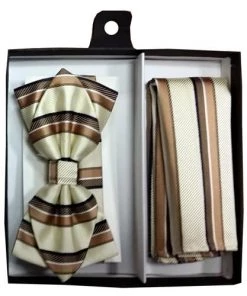 Vesuvio Napoli Men Ivory/Brown Striped Bow Tie With Pocket Square (Pointed Tip) 5 Vesuvio Napoli Men Ivory/Brown Striped Bow Tie With Pocket Square (Pointed Tip)