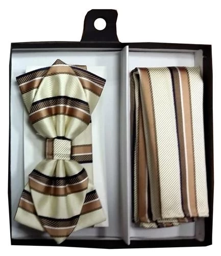 Vesuvio Napoli Men Ivory/Brown Striped Bow Tie With Pocket Square (Pointed Tip) 4 Vesuvio Napoli Men Ivory/Brown Striped Bow Tie With Pocket Square (Pointed Tip)