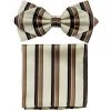 Vesuvio Napoli Men Ivory/Brown Striped Bow Tie With Pocket Square (Pointed Tip)