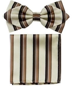 Vesuvio Napoli Men Ivory/Brown Striped Bow Tie With Pocket Square (Pointed Tip)