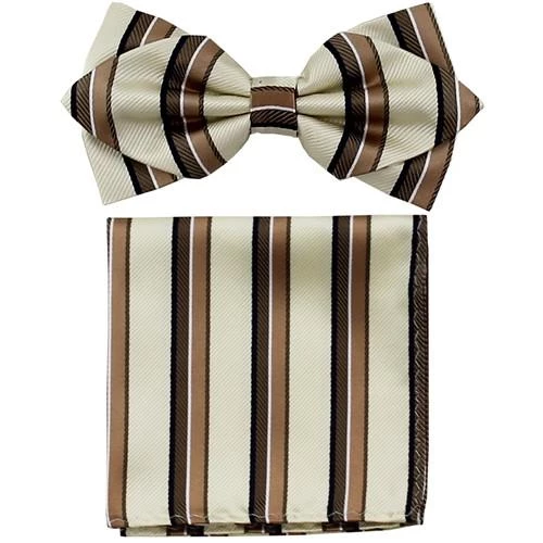 Vesuvio Napoli Men Ivory/Brown Striped Bow Tie With Pocket Square (Pointed Tip) 3 Vesuvio Napoli Men Ivory/Brown Striped Bow Tie With Pocket Square (Pointed Tip)