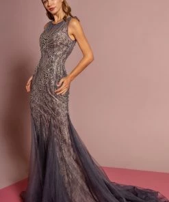 Elizabeth K Jeweled Lace Trumpet Dress With Sheer Back By GLS Gloria GL2684 Prom