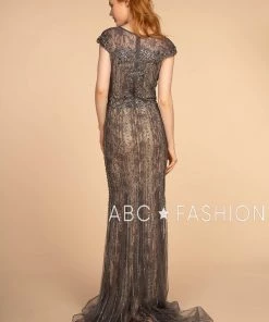 Jeweled Long Cap Sleeve Lace Dress By Elizabeth K GL2533