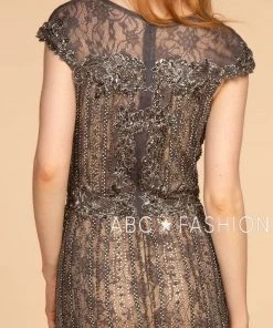 Jeweled Long Cap Sleeve Lace Dress By Elizabeth K GL2533