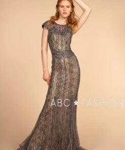 Jeweled Long Cap Sleeve Lace Dress By Elizabeth K GL2533