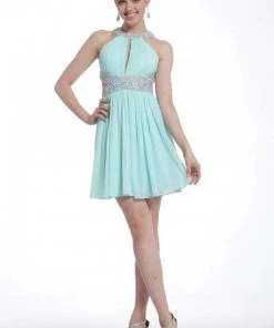 Jeweled Short Keyhole Halter Dress By Cinderella Divine J721 Prom