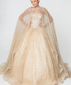 Jeweled Strapless Cape Ball Gown By Elizabeth K GL2801