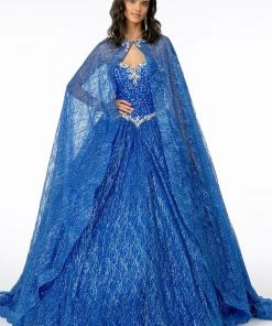 Jeweled Strapless Cape Ball Gown By Elizabeth K GL2801