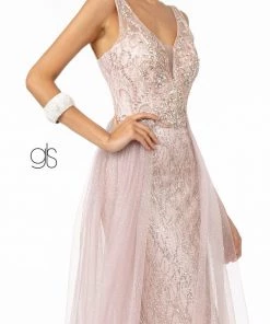 Jeweled V-Neck Gown With Glitter Overskirt By Elizabeth K GL1840 14 Jeweled V-Neck Gown With Glitter Overskirt By Elizabeth K GL1840