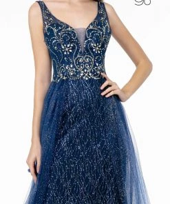 Jeweled V-Neck Gown With Glitter Overskirt By Elizabeth K GL1840 11 Jeweled V-Neck Gown With Glitter Overskirt By Elizabeth K GL1840