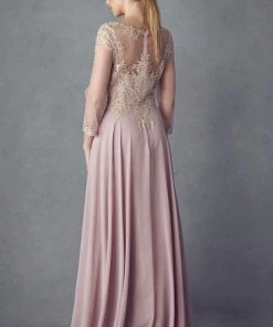 Lace Applique 3/4 Sleeve Chiffon Gown By Juliet M12