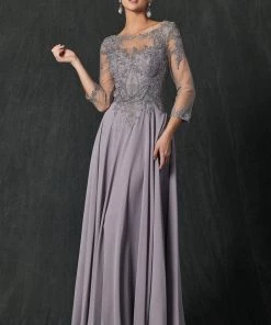 Lace Applique 3/4 Sleeve Chiffon Gown By Juliet M12