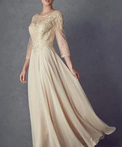 Lace Applique 3/4 Sleeve Chiffon Gown By Juliet M12