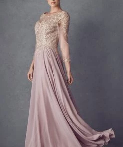 Lace Applique 3/4 Sleeve Chiffon Gown By Juliet M12