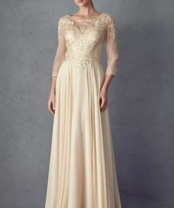 Lace Applique 3/4 Sleeve Chiffon Gown By Juliet M12
