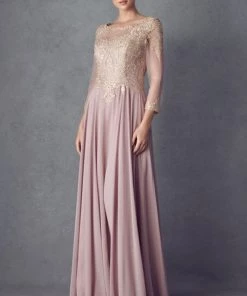 Lace Applique 3/4 Sleeve Chiffon Gown By Juliet M12
