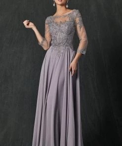 Lace Applique 3/4 Sleeve Chiffon Gown By Juliet M12