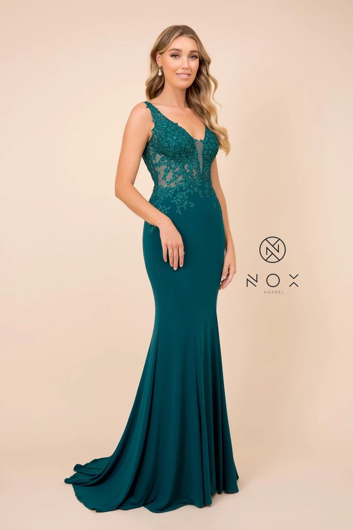 Lace Applique Illusion Mermaid Dress By Nox Anabel J326 Prom 3 Lace Applique Illusion Mermaid Dress By Nox Anabel J326 Prom