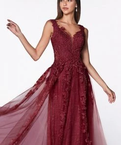 Lace Applique Long Tulle Dress By Cinderella Divine CD4091 Prom