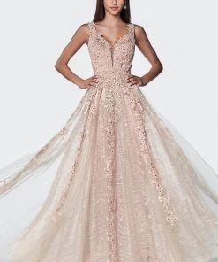 Lace Applique Long Tulle Dress By Cinderella Divine CD4091 Prom