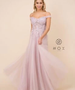 Lace Applique Long Off Shoulder Dress By Nox Anabel S265