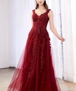 Lace Applique Long Tulle Dress By Cinderella Divine CD4091 Prom