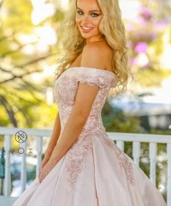 Lace Applique Off Shoulder Ball Gown By Nox Anabel U802 Prom