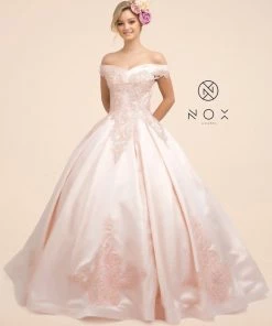 Lace Applique Off Shoulder Ball Gown By Nox Anabel U802 Prom