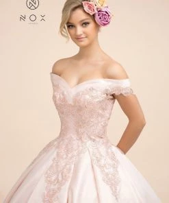 Lace Applique Off Shoulder Ball Gown By Nox Anabel U802 Prom