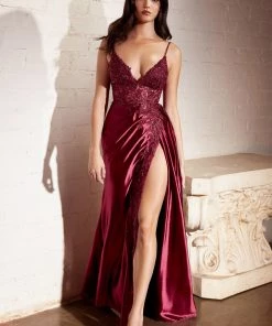 Prom Lace Applique Satin Gown By Cinderella Divine CM318