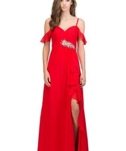 Starbox Lace Bodice Long Cold Shoulder Dress With Slit By Star Box 81020