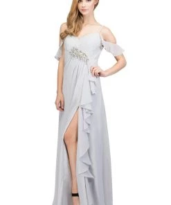 Starbox Lace Bodice Long Cold Shoulder Dress With Slit By Star Box 81020