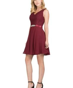 Prom Lace Bodice Short V-Neck Dress With Chiffon Skirt By Star Box 6149