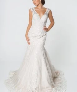 Lace Embellished Deep V-Neck Wedding Gown By Elizabeth K GL2821