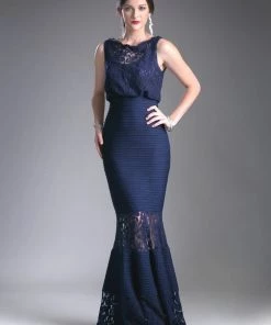 Fitted Lace Gown With Pleated Skirt By Cinderella Divine CF138