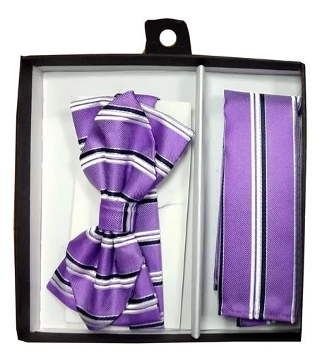Vesuvio Napoli Lavender Striped Bow Tie With Pocket Square (Pointed Tip) Men 4 Vesuvio Napoli Lavender Striped Bow Tie With Pocket Square (Pointed Tip) Men