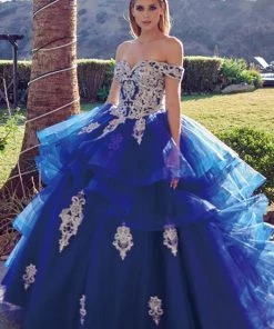 Layered Off Shoulder Glitter Ball Gown By Juliet 1432