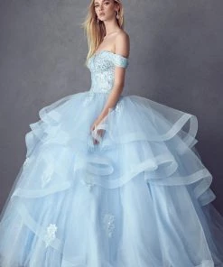 Layered Off Shoulder Glitter Ball Gown By Juliet 1432