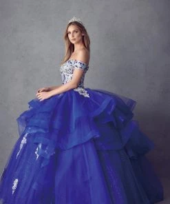 Layered Off Shoulder Glitter Ball Gown By Juliet 1432